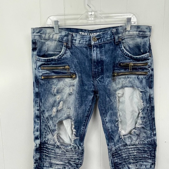 Trillnation Mens Jeans 38 Blue Denim Distressed Zipper Accents Skinny Acid Wash - Picture 2 of 14